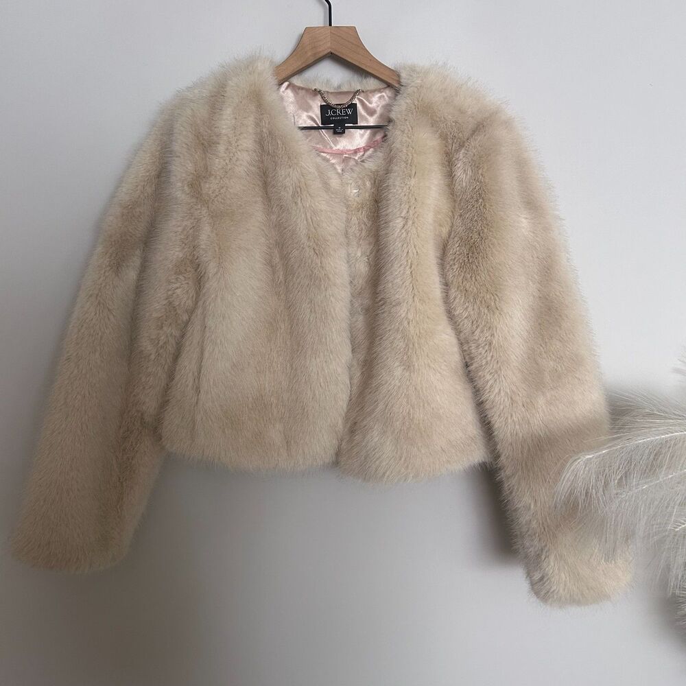 J.Crew Collection Louisa Lady Jacket Faux Fur Cream Beige Cropped M